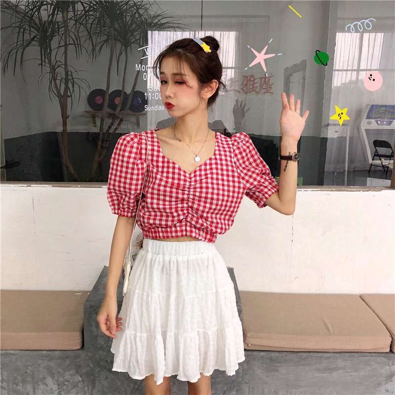 Promo IELGY Plaid Puff Sleeve V-Neck 