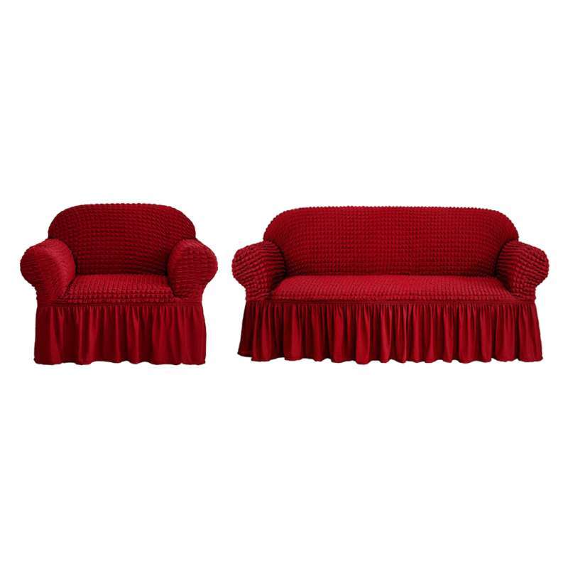 2-in-2 Wine Red 2-Seat Loveseat Sofa Cover 1-seat Slipcover w/Skirt Non-slip 