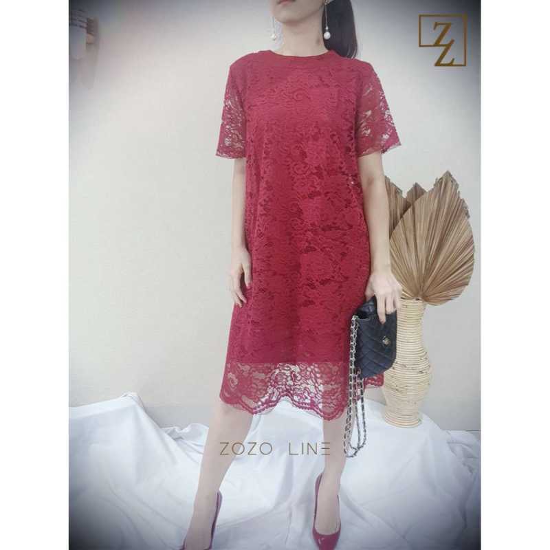 Jual D104 O neck midi lace dress gaun 