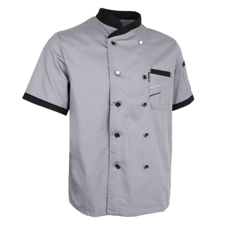 Short Sleeve Black Chef Coat Unisex Work Jacket Grey Collar Kitchen Uniforms 