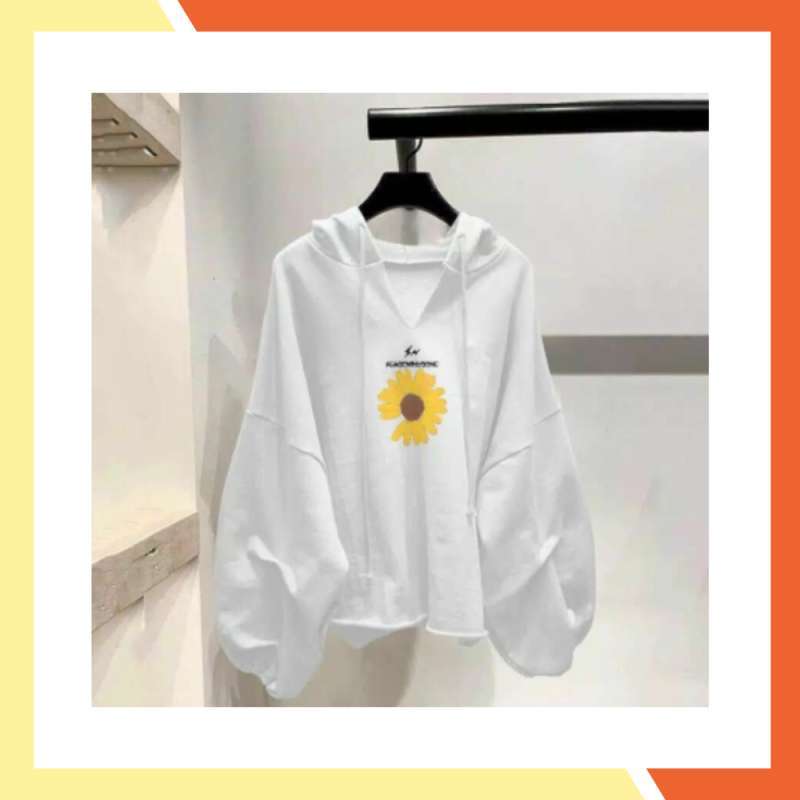 V-VARA DAISY DADARIO PUTIH SWEATER HOODIE WANITA KOREAN OVERSIZE BUNGA  MATAHARI