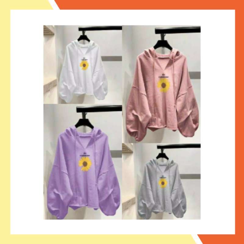 V-VARA DAISY DADARIO PUTIH SWEATER HOODIE WANITA KOREAN OVERSIZE BUNGA  MATAHARI abu