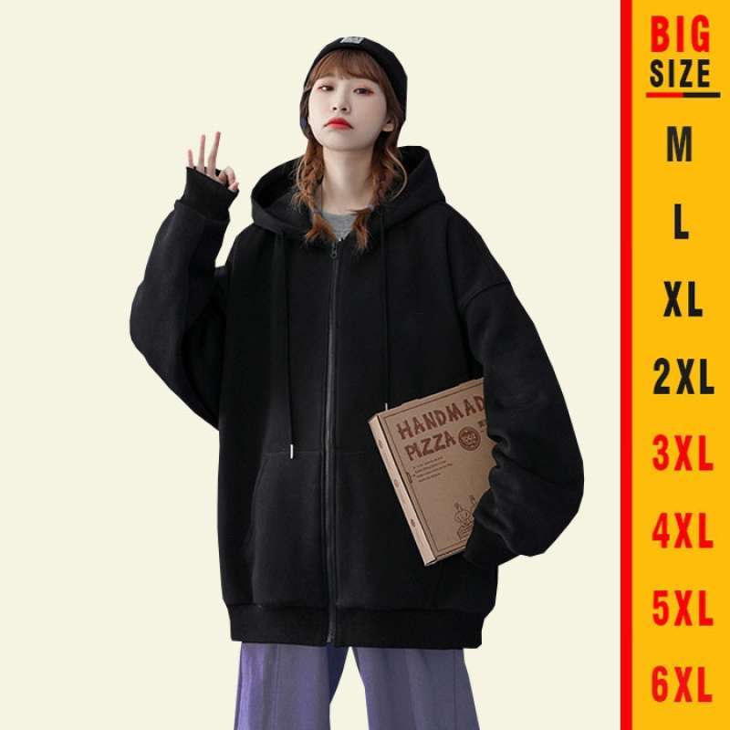 Jual Jaket wanita Korean hoodie sweater Black jaket polos big size