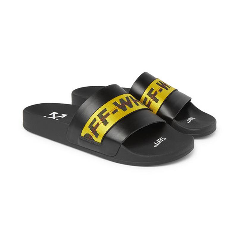 Jual Off White Logo Webbing Trimmed Leather Slides Sandal Pria