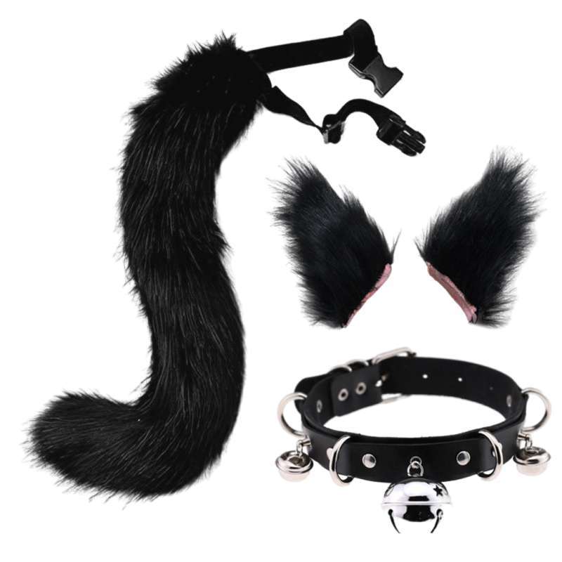 Faux Fur Wolf Fox Tail Ears Hair Clips and Bell Leather Neck Collar Set Halloween Christmas Cosplay Party Costume Toys Gift 