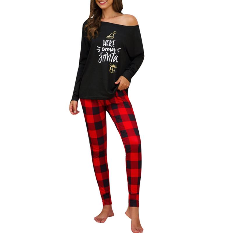 Jual Bluelans Women Autumn Christmas Letters Print T Shirt Long Plaid Pants Sleepwear Set 1 2 Pcs Online November 2020 Blibli Com