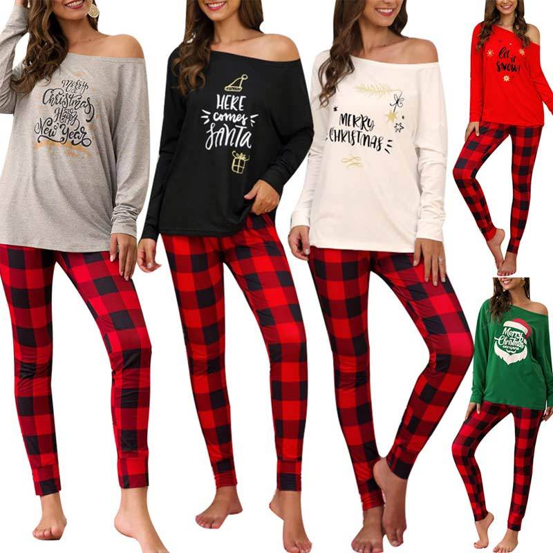 T-shirt Long Plaid Pants Sleepwear Set 