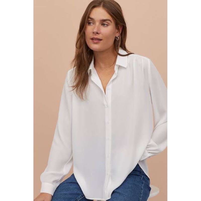 Jual Baju Kemeja H M Wanita Lengan Panjang Long Sleeve Blouse Putih Online Februari 2021 Blibli