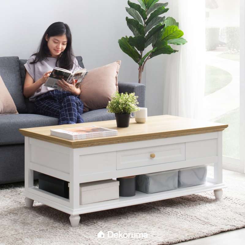 Jual Dekoruma Kanou Meja Tamu Minimalis Dengan Rak Dan Laci Putih Dari Kayu Olahan Coffee Table Online Maret 2021 Blibli