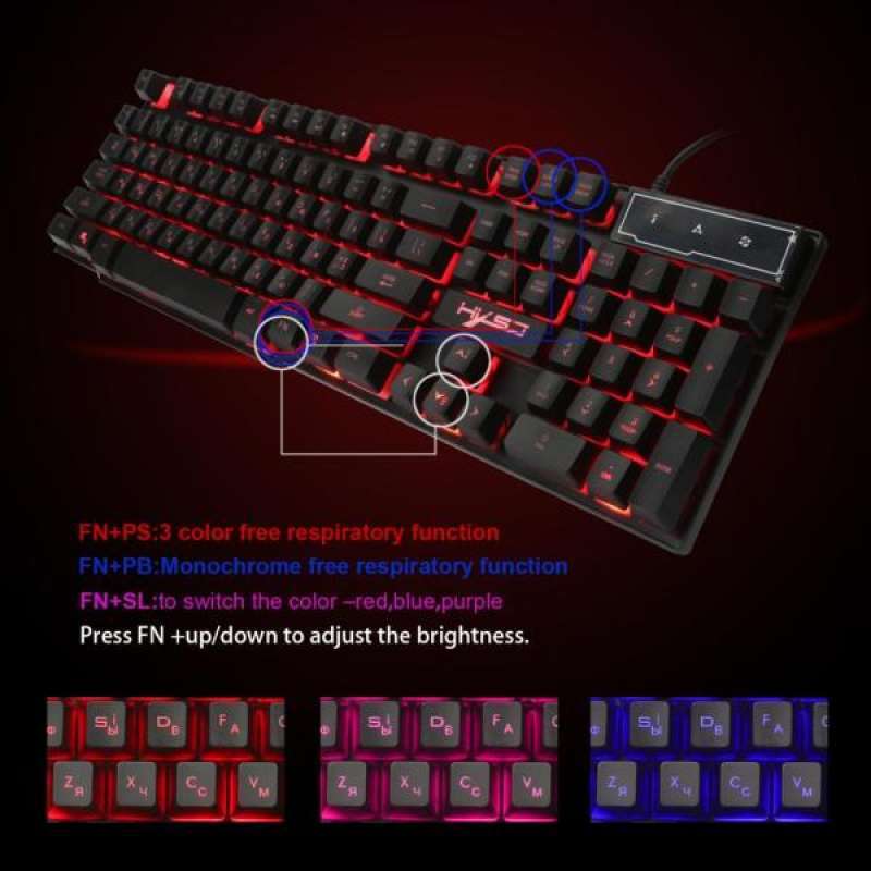 russian english character led backlit wired gaming keyboard for pc games