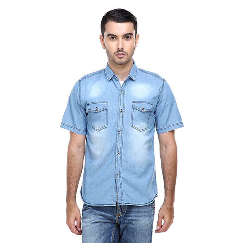 Hamlin Dwan Casual Shirt Baju Kemeja Jeans Pria Lengan Pendek Material  Denim ORIGINAL Light Blue XL