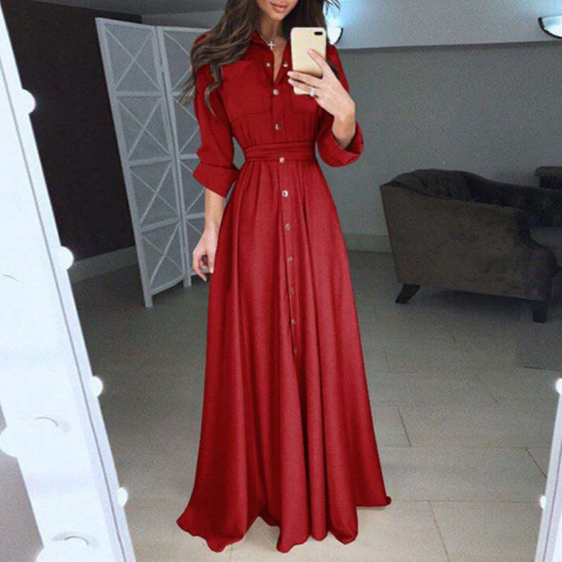 Long Sleeve Buttons Tunic Dress Maxi 