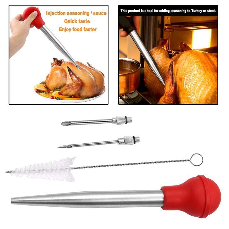 Marinade Needles and Cleaning Brush for BBQ Grill Baking Kitchen Cooking Tool Silicone Turkey Baster Syringe for Cooking,Stainless Steel Meat Baster Syringe with Silicone bulb 11 Inch Turkey Baster 
