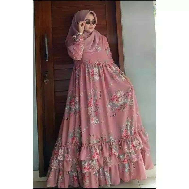 Gamis Ceruti Babydoll Premium Rempel Motif Bunga - Model gamis motif bunga terbaru 2021