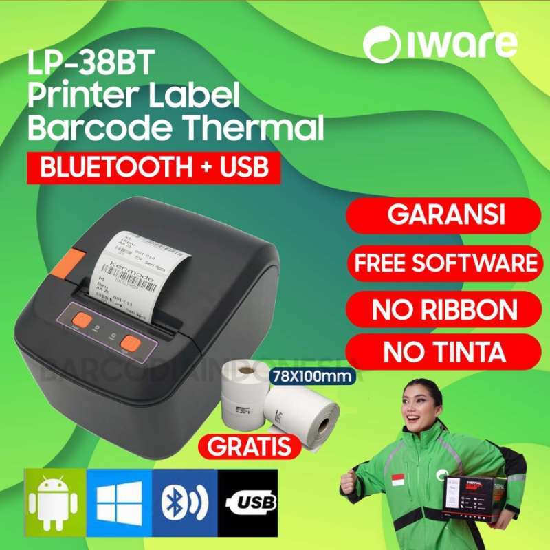 Paket Printer Label Barcode + Label Label Stiker Iware IW-38BT + Stiker  78X100