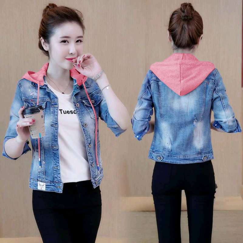 Jaket jeans hoodie wanita deals
