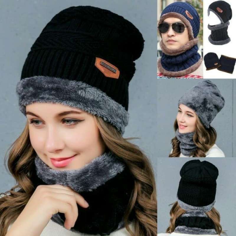 Jual Topi Kupluk Rajut Beanie Syal set 