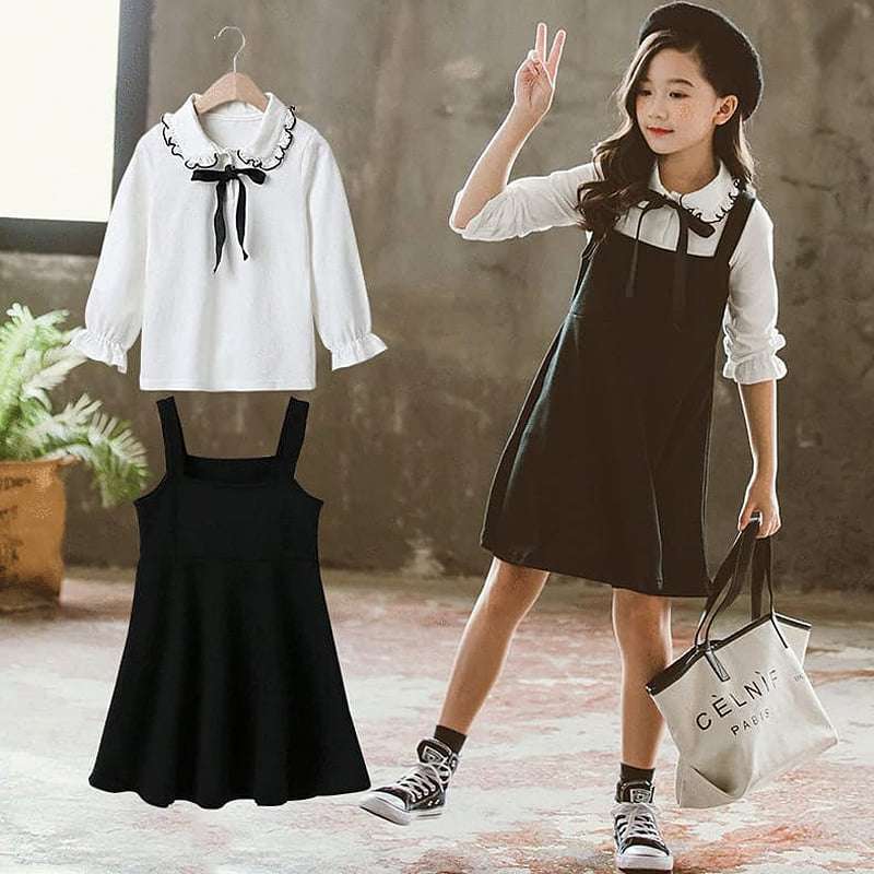 Setelan Overall Dress Anak Perempuan Western MAMAMIA Black And White Set 2in1 baju overall