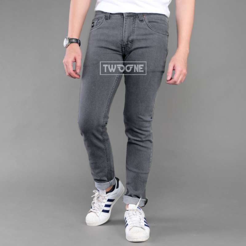 Pria Slim Fit Denim Stretch Abu 