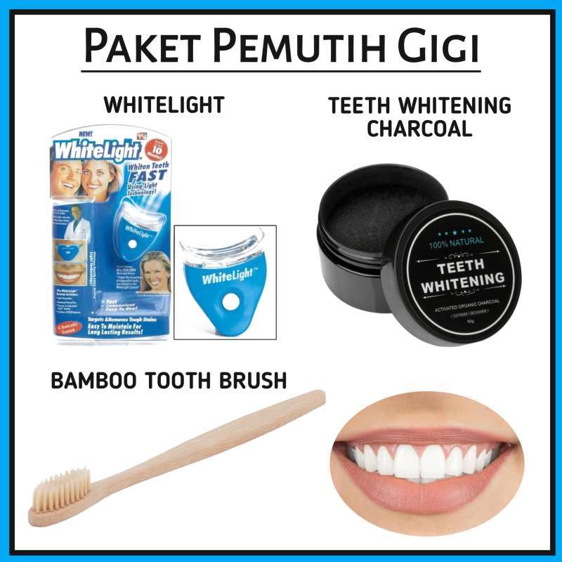 Paket Pemutih Gigi WhiteLight Teeth Whitening Charcoal Sikat Bambu