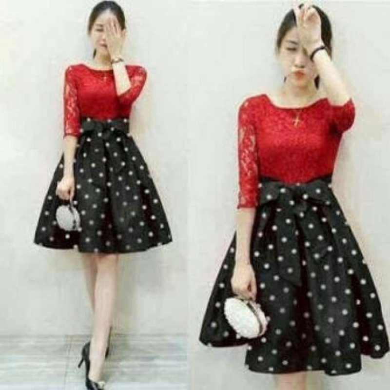 Jual Gratis Ongkir Mini Dress Brokat Polkadot Gaun Pesta Merah