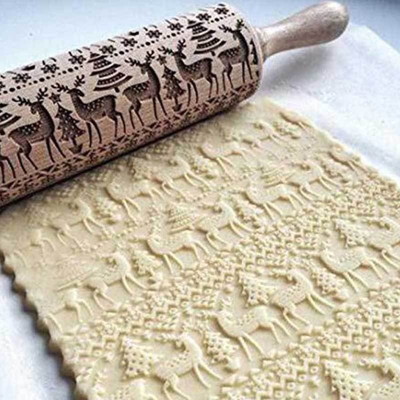 2018 Flower Wood Rolling Pin Embossing Baking Cookies Biscuit Fondant Christmas