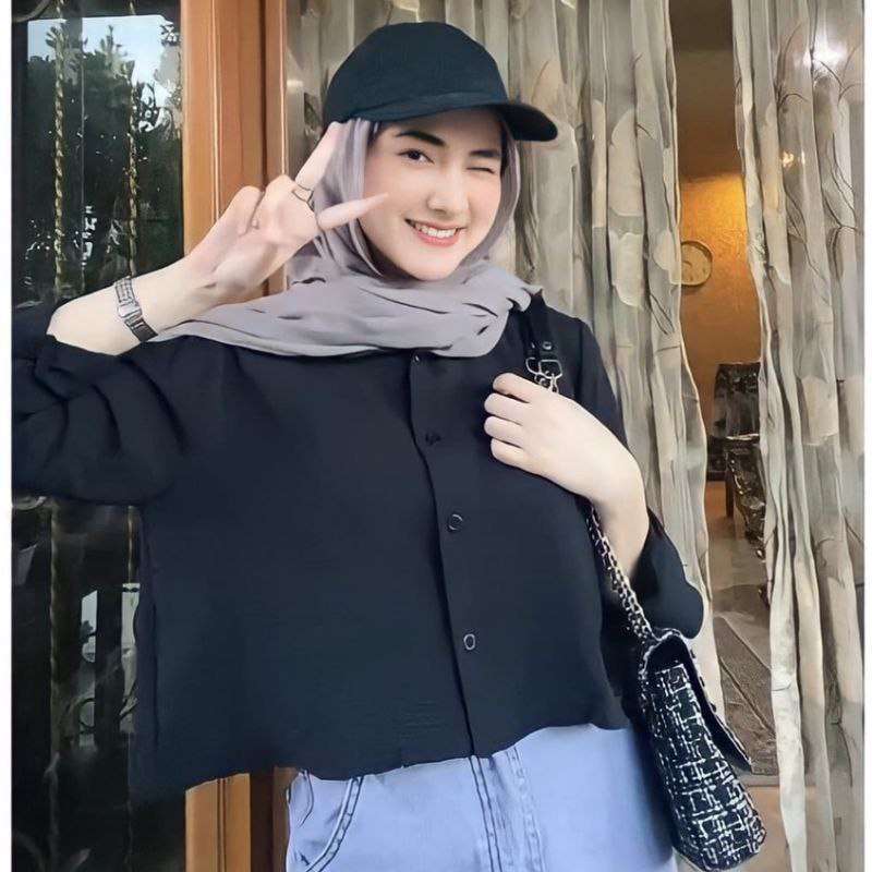 Mojito Kemeja Wanita Crop Oversize Crinkle Airflow Atasan Blouse Lengan Panjang Baju Wanita Kekinian LD 110