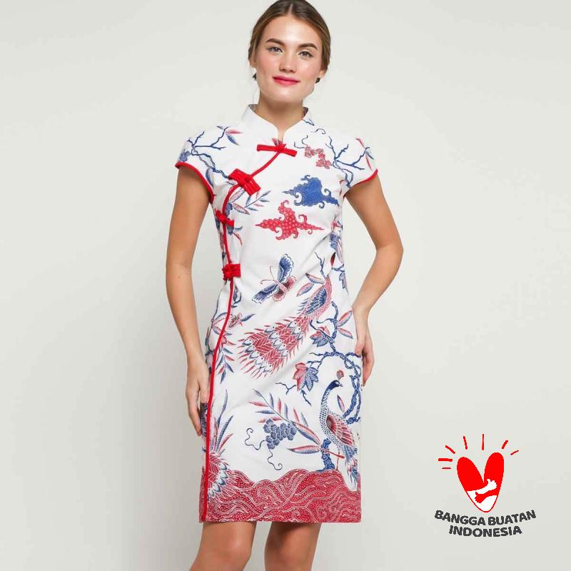 LURIK AKIK Cheongsam Motif Merak Red Dress Batik Wanita