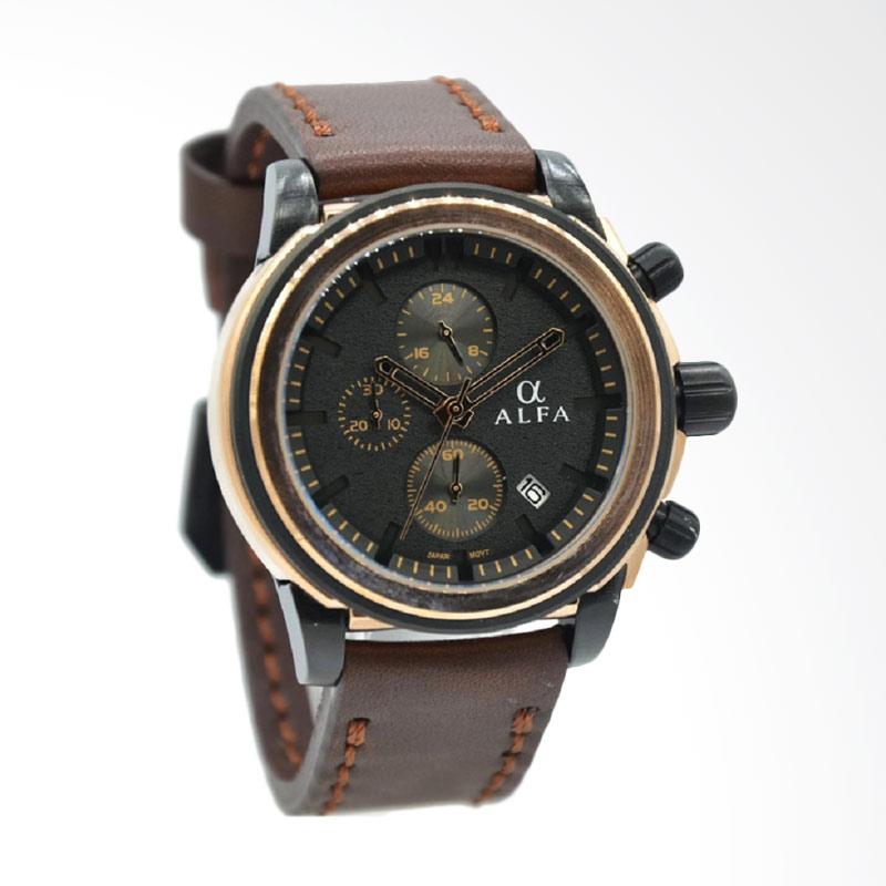 Alfa Leather Strap Jam Tangan Pria - Coklat Ring Rosegold Plat Hitam 33016MBR