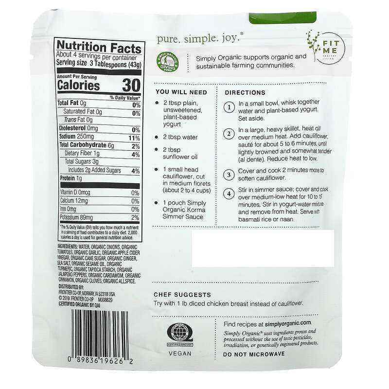 Promo Simply Organic, Korma Simmer Sauce, Indian Dishes, 6 oz ...