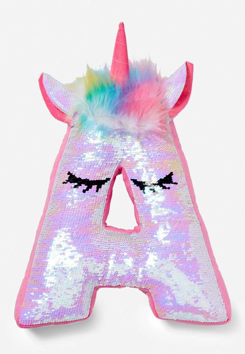 Justice unicorn initial pillow 2025