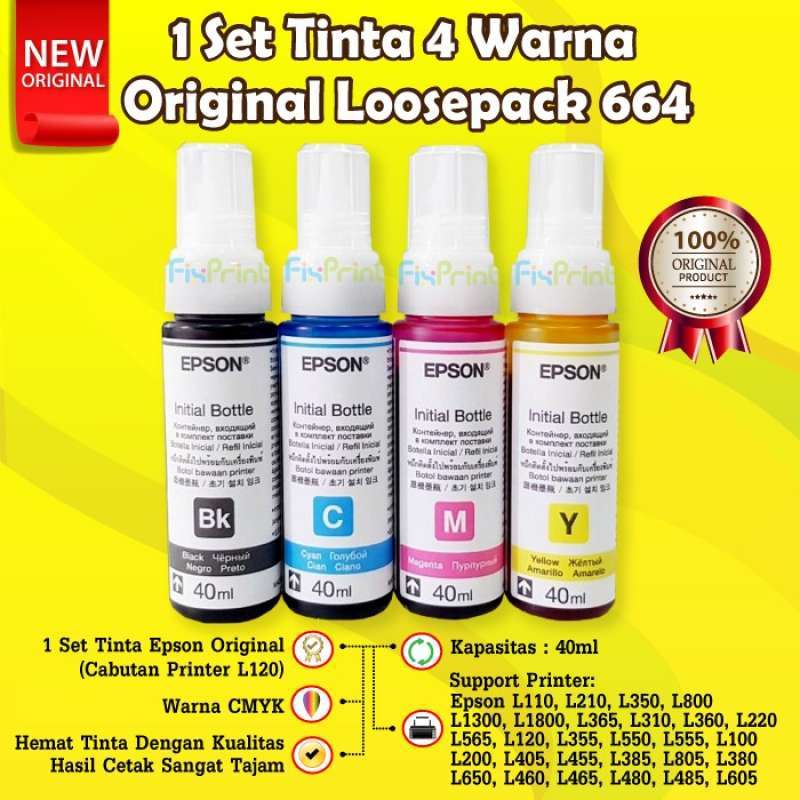 Promo Tinta Printer EPSON L120 ORIGINAL ORI 100% 664 loosepack 1 satu set -  Multicolor Multicolor di Seller Laris Lancar Sentosa - Kota Jakarta Barat,  DKI Jakarta | Blibli