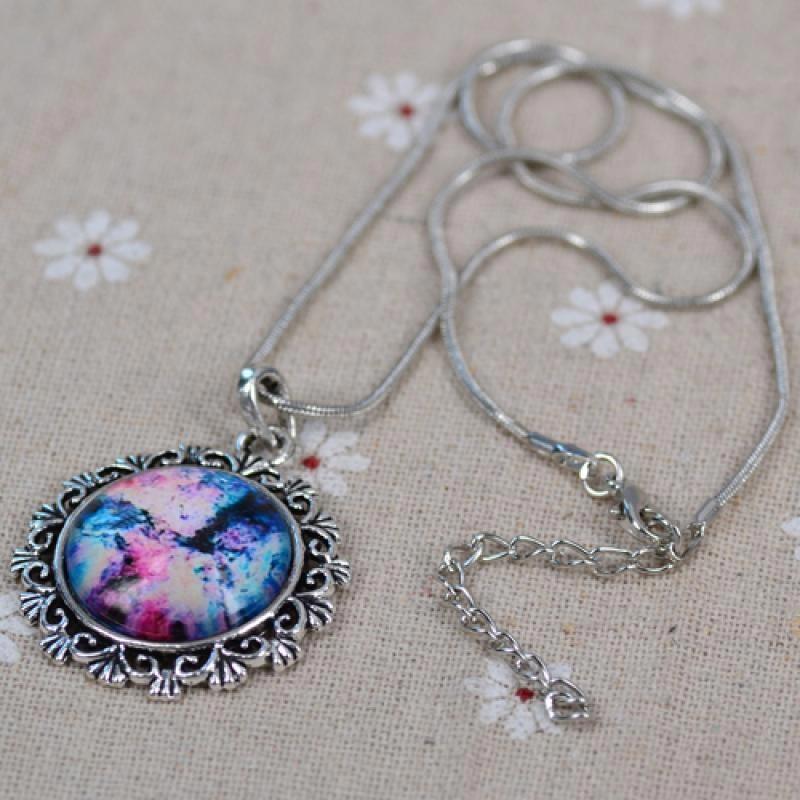 Bluelans H9643 Couple Lover Starry Sky Universe Glass Cabochon Pendant Chain Necklace Gift
