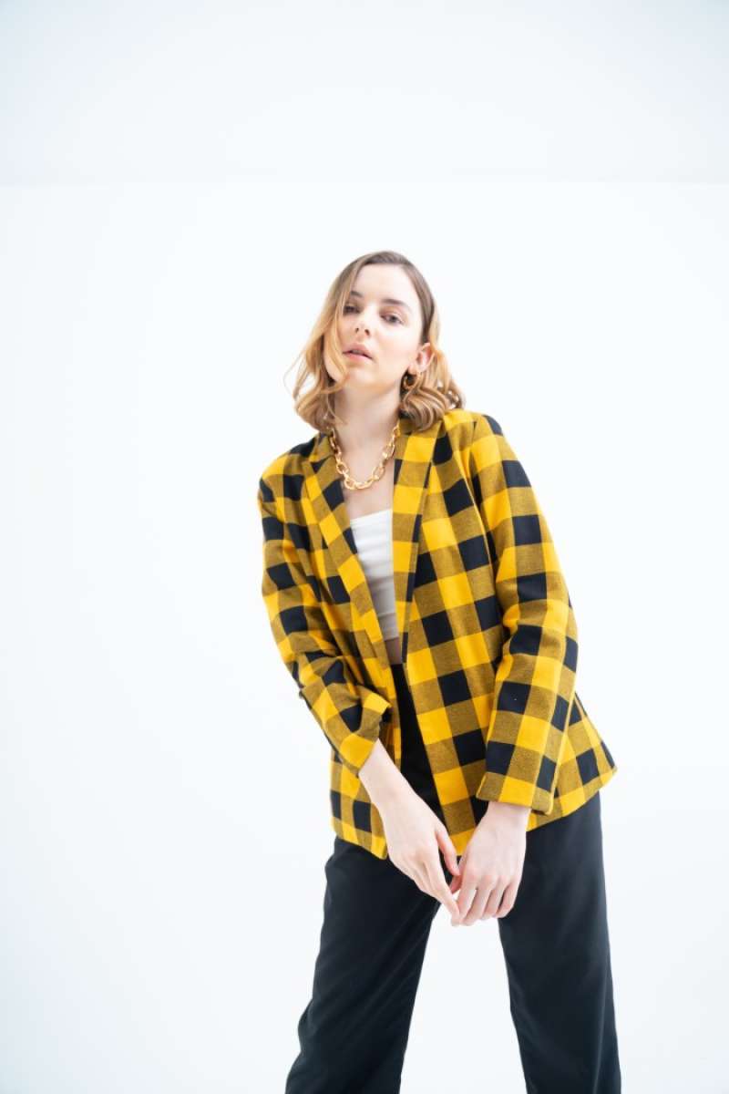 Yellow and black plaid blazer best sale