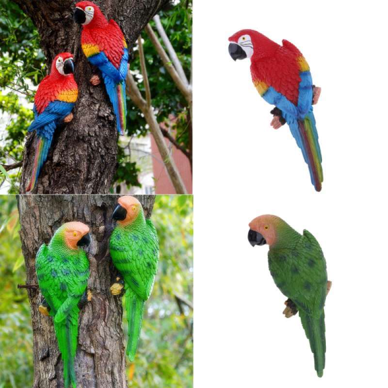 2x Parrot Statue Resin Bird Ornament Realistic Animal Decor Red Green 31cm