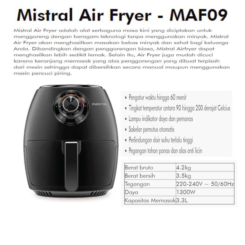 MISTRAL MAF09 Air Fryer - Penggorenfgan Tanpa Minyak 3.3 Liter 1300 W - HITAM