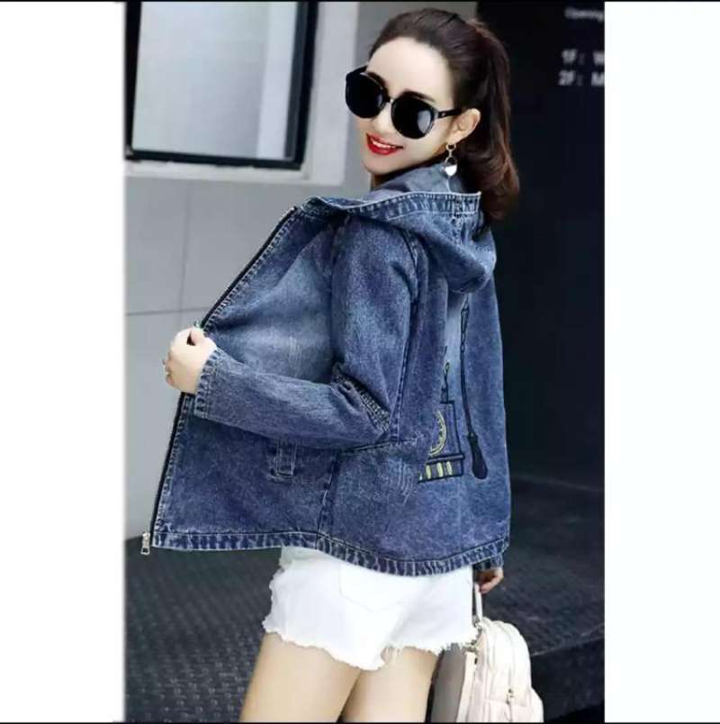 Jaket jeans hoodie wanita clearance