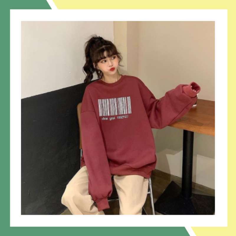 BARCODE HITAM SWEATER BASIC WANITA CREWNECK BAHAN FLEECE SABLON GL KOREAN STYLE KEKINIAN TERMURAH DI BANDUNG