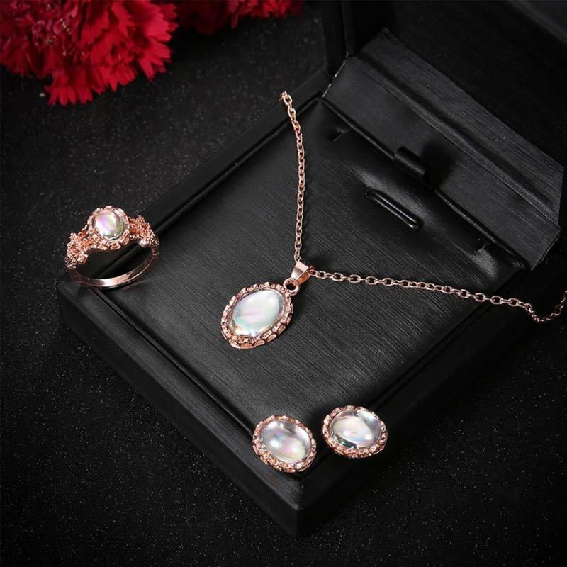 Faux Opal Necklace Ring Stud Earrings 
