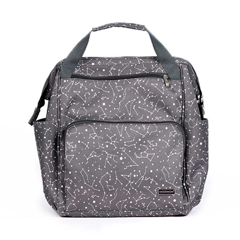 grey and white diaper bag