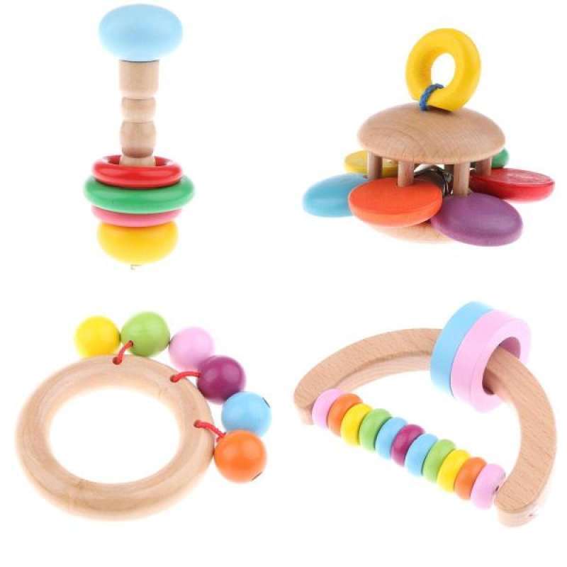 Jual Pack Of 4 Wood Montessori Styled Baby Rattles Grasping Toy For Baby Toddlers Online September 2020 Blibli Com
