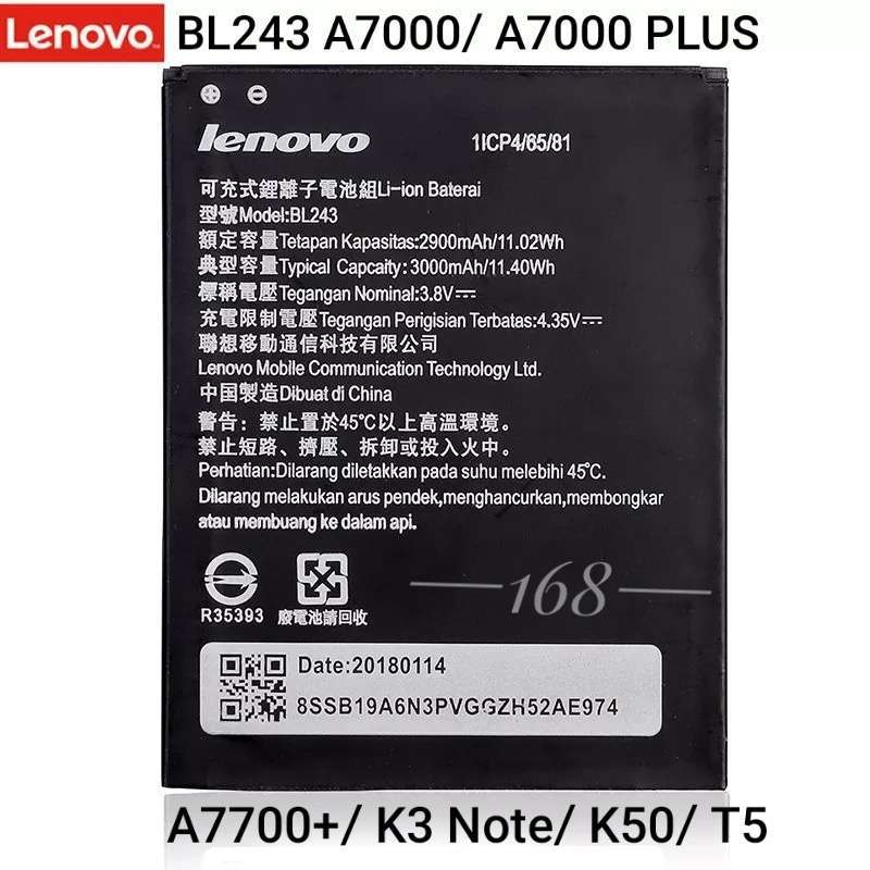 Jual Baterai Batre Lenovo Bl243 Bl 243 K3 Note A7000 K50 T5 A7000 Plus Batere A7000 Online Desember 2020 Blibli