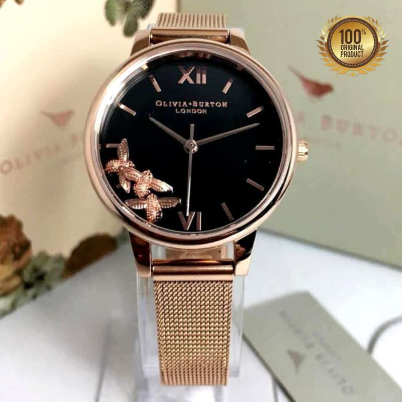 Jual Jam Tangan OLIVIA BURTON BEE ORIGINAL Rose Gold Black Dial di