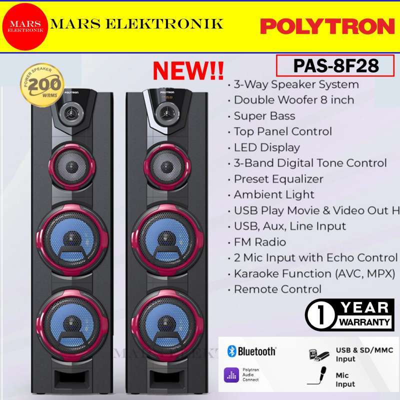 Polytron PAS-8F28 Active Bluetooth Speaker dengan Double Woofer 8 Inch dan Super Bass, Dilengkapi LED Display dan Ambient Light. Ideal untuk Penggemar Musik di Medan