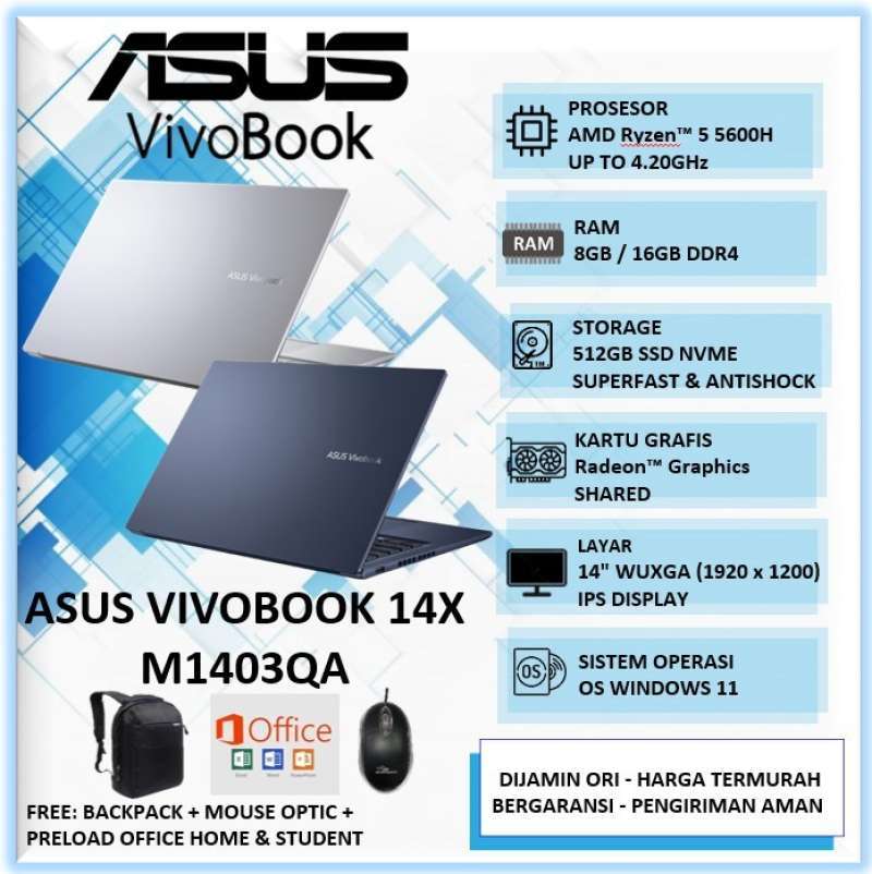 Jual Laptop Asus Vivobook 14x M1403qa [amd Ryzen 5 5600h 8gb 512gb