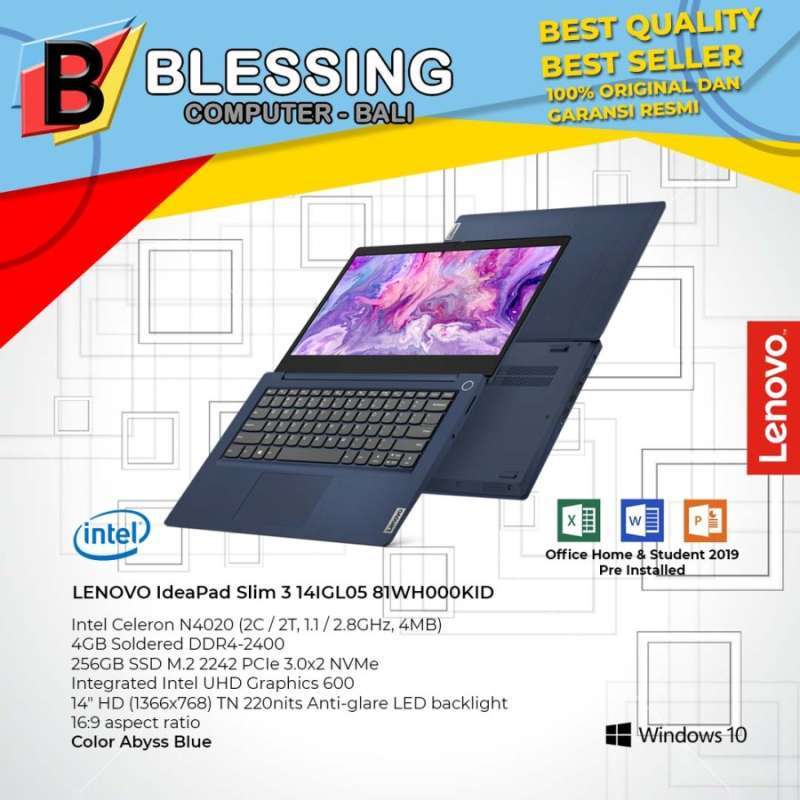 Jual Lenovo Ideapad Slim 3 14igl05 81wh000kid Cel N4020 4gb 256gb W10 Ohs Online Februari 2021 Blibli