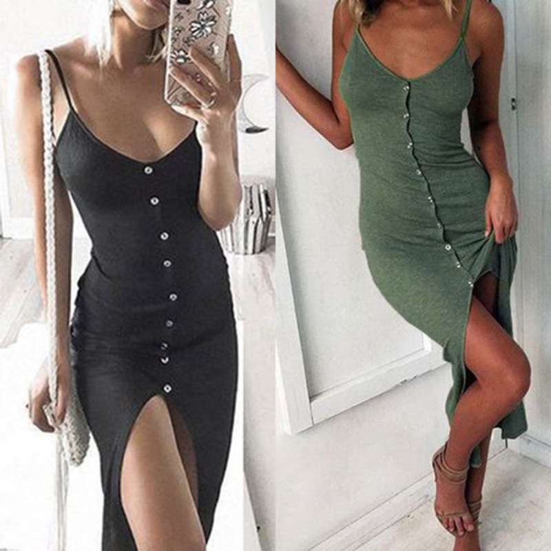 V-Neck Sleeveless Slit Button Slim Fit 