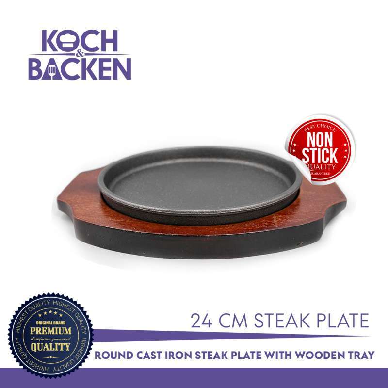Premium Cast Iron Round Steak Plate, 24 Round Wooden Tray