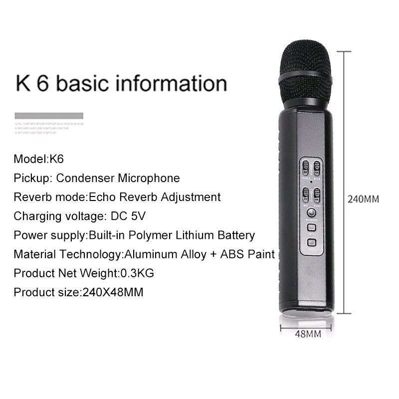 Mic Wireless Bluetooth K6/Microphone Karaoke Stereo Sound player/Mikropon  Speaker Super Bas Ktv