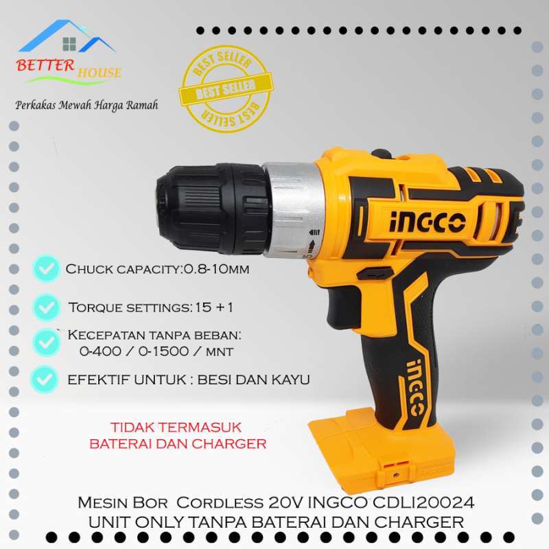 Jual Mesin Bor Cordless 20 V Bor Baterai INGCO CDLI20024 Unit Only